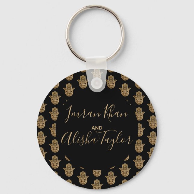 Porte-clés Mariage indien Enregistrer la date Gold hamsa Henn (Recto)