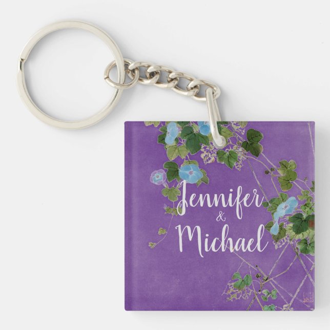 Porte-clés Mariage Moderne Calligraphie Plaque Nom Floral (Devant)