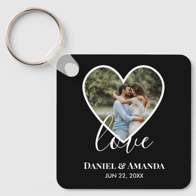 Porte-clés Mariage Photo Black Heart Frame Moderne Calligraph (Recto)