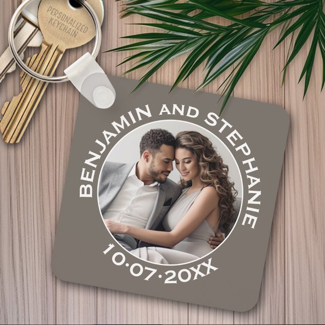Porte-clés Mariage photo de Noël Nom et année personnalisés (Personalized keychain - Wedding Favor with Photo and Text)