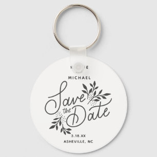 Porte-clés Mariage Sauvez la date Calligraphie Botanique Blan