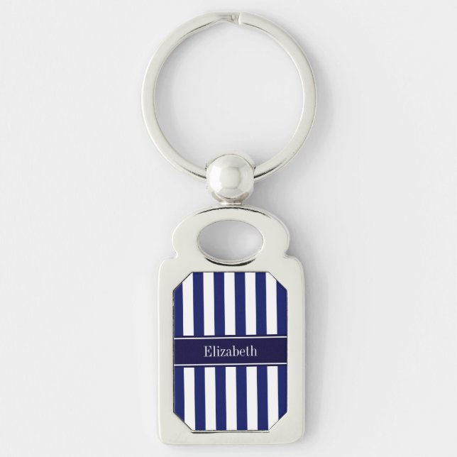 Porte-clés Marine Blancs Marine Bleu Ruban Nom Monogramme (Devant)