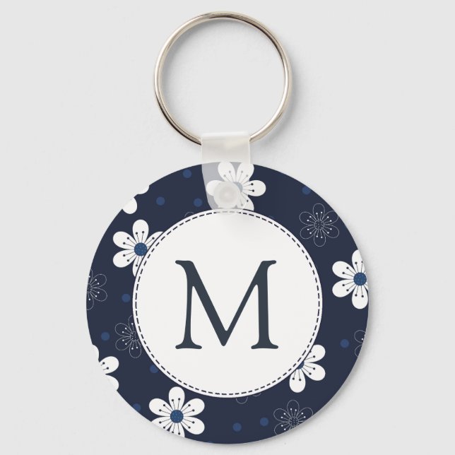 Porte-clés Marine Bleu Joli Monogramme Floral (Recto)