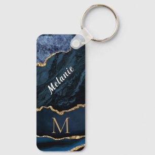 Porte-clés Marine Blue Gold Marble Custom Lettre Nom Porte - 