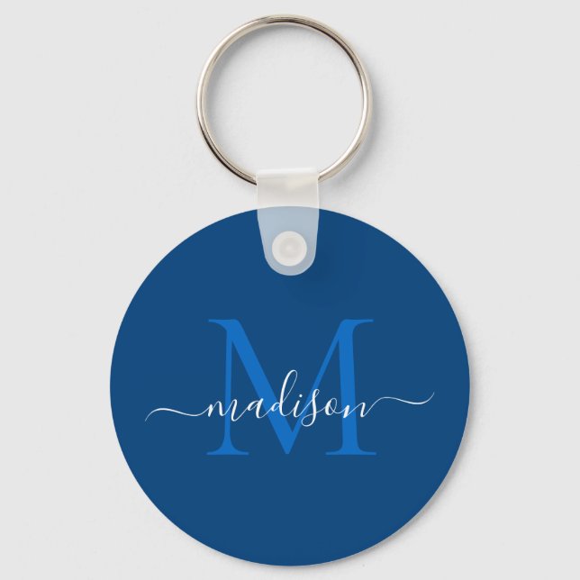 Porte-clés Marine Blue White Monogramme Nom Modern Girl Scrip (Recto)