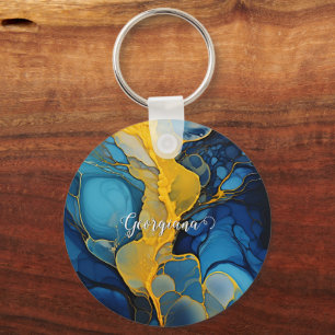 Porte-clés Marine personnalisée et Gold Alcool Ink Fluid Art