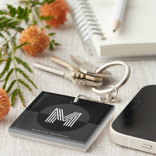 Porte-clés Masculine gris noir géométrique Monogramme moderne (Devant Droit)