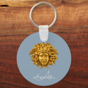 Porte-clés Masque Medusa Or Broderie Monogramme Dusty Blue