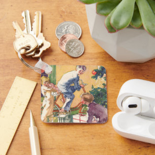 Porte-clés Matin de Noël vintage, enfants avec des cadeaux