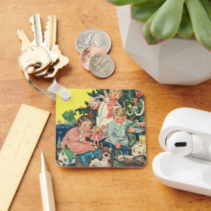 Porte-clés Matin de Noël Vintage, Enfants Ouverture Cadeaux