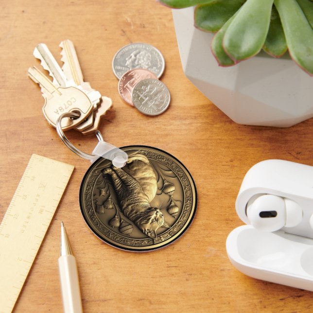 Porte-clés Médaillon de chats assis en or (Bureau)