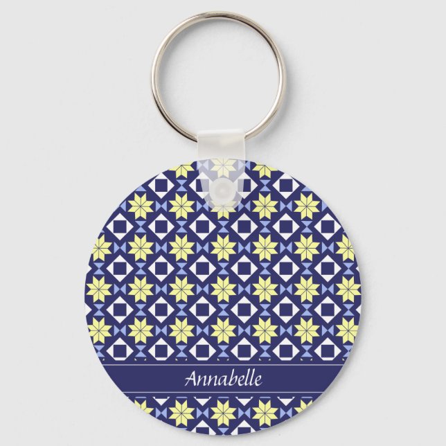 Porte-clés Méditerranée Bleu Bleu Floral Carrelage Nom du Mot (Recto)