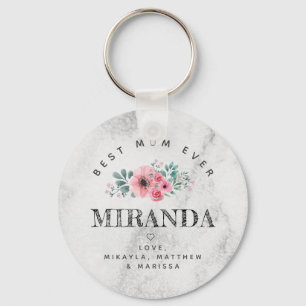 Porte-clés Meilleure maman fleurs roses fond marbre