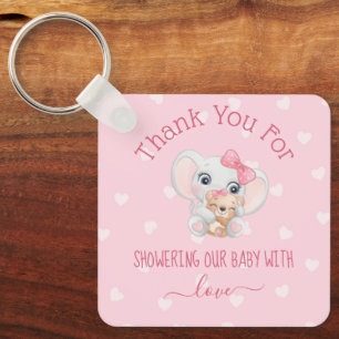 Porte-clés merci baby showers filles coeurs roses éléphant