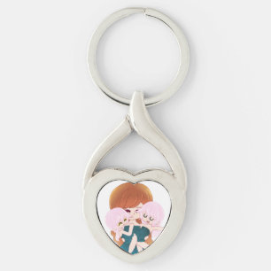 Porte-clés Mère de dessin avec ses jumeaux Coeur Keychain