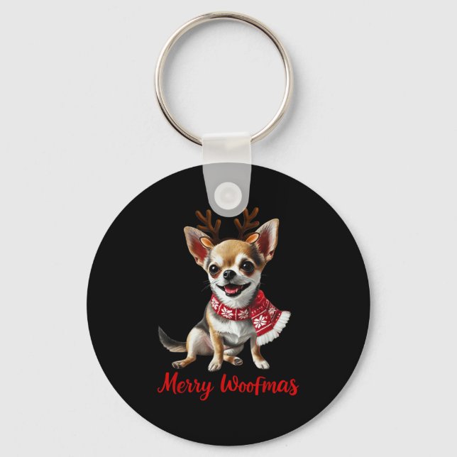 Porte-clés Merry Woofmas Chihuahua Dog Meme In Reindeer Antle (Recto)