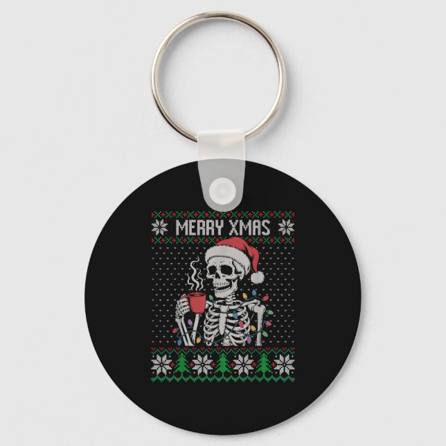 Porte-clés Merry Xmas Skeleton Ugly Sweater, Skull Wearing Sa (Recto)