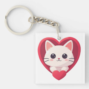 Porte-clés Mignon Chat Blanc avec Design Kawaii Kitty Love