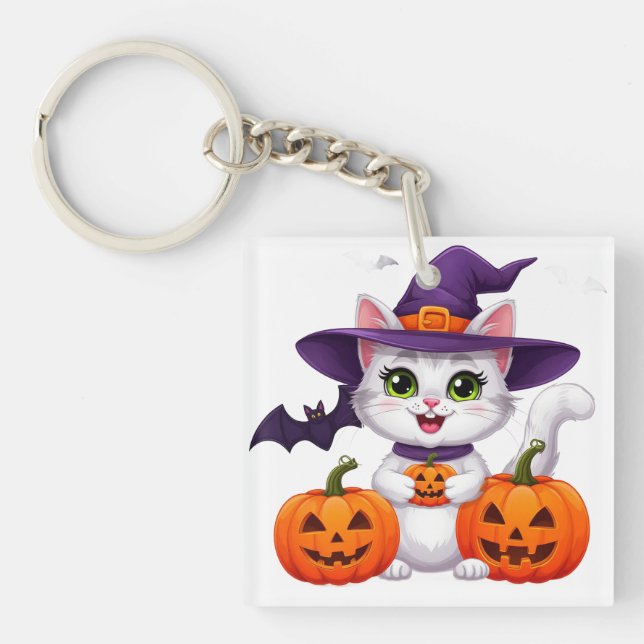 Porte-clés Mignon Chat Blanc Citrouille Chapeau de Sorcière H (Devant)