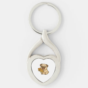 Porte-clés Mignon chien pug dessin animé amateur de pizza