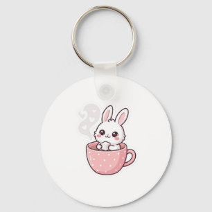 Porte-clés : Mignon Lapin Kawaii dans un Bouton de Tasse à T