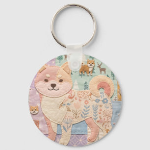 Porte-clés Mignon Shiba Inu Japonais Motif Floral Patchwork