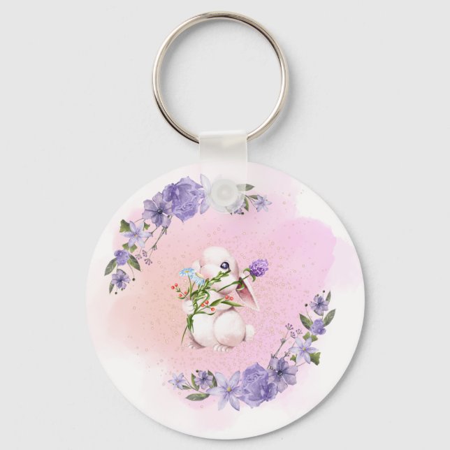 Porte-clés Mignonne lapin et fleurs (Recto)