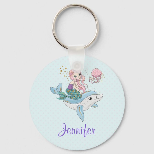 Porte-clés Mignonne sirène chevauchant un dauphin sous la mer (Recto)