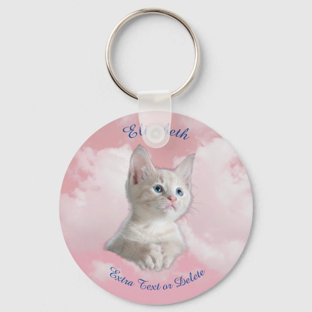 Porte-clés Mignonne White Kitten Pink Sky, Blue Name & Extra  (Recto)