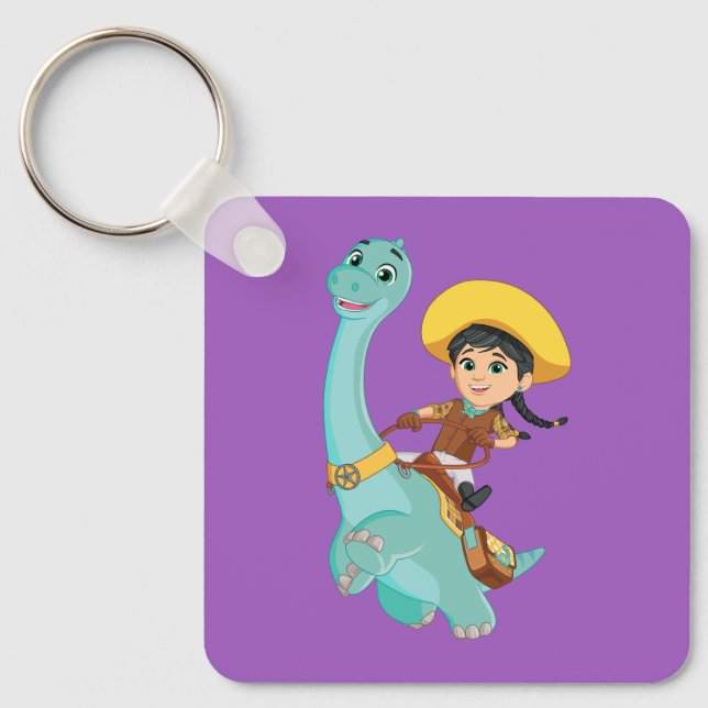 Porte-clés Min & Clover | Joyeux Cowgirl & Brontosaurus Ride (Recto)