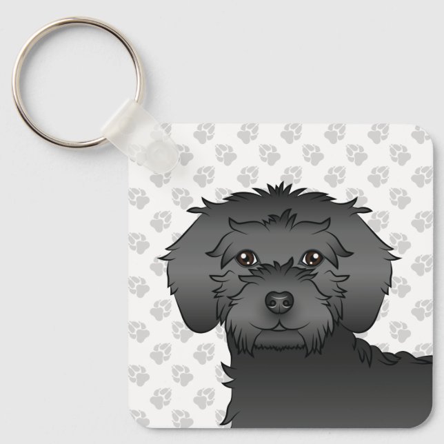 Porte-clés Mini noir Goldendoodle dessin animé Chien et nom (Recto)