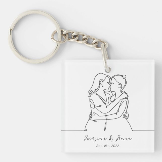 Porte-clés minimaliste personnalisé lesbienne Couple Line Art (Devant)