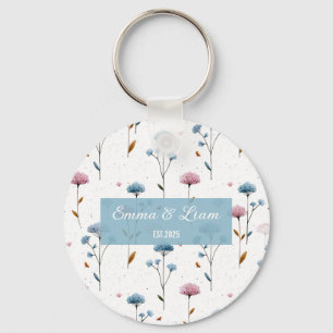 Porte-clés Minimaliste Vintage Fleurs Roses et Bleues Personn
