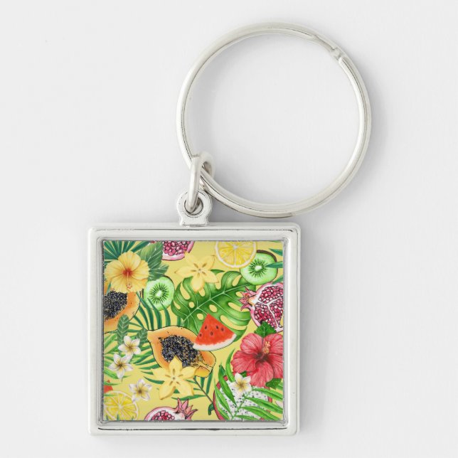 Porte-clés Mix-fruit tropical, fleurs et feuilles sur jaune (Devant)