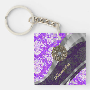 Porte-clés Modèle personnalisé violet joli girly damask