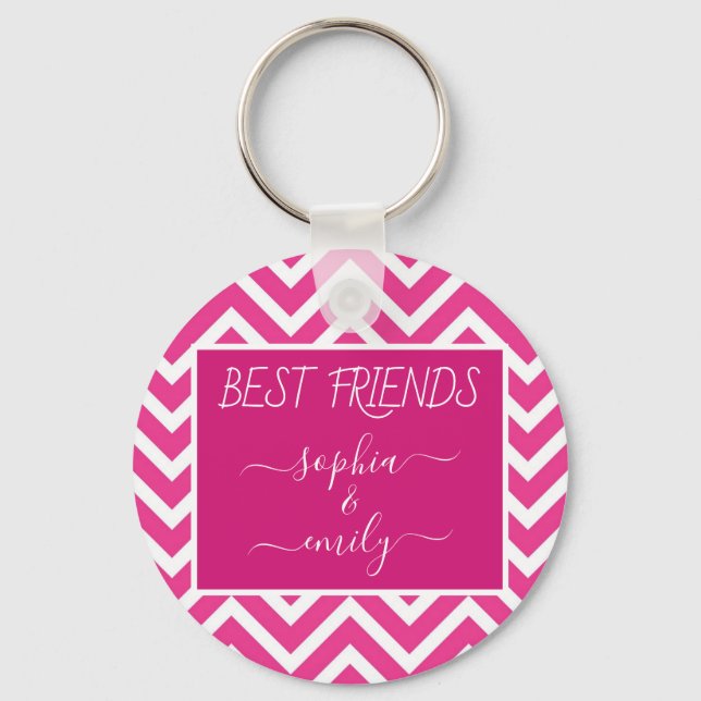 Porte-clés Modern Best Friends Nom de script Pink Chevron (Recto)