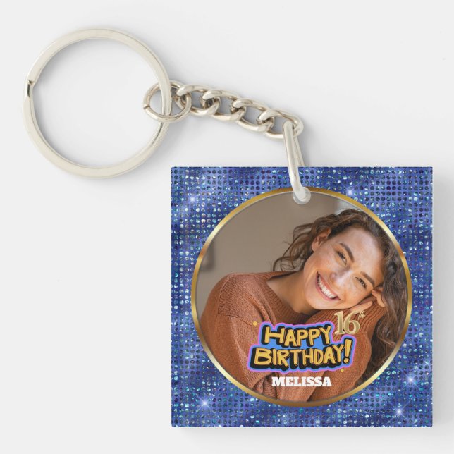 Porte-clés Modern Blue & Gold Glitter Photo 16th Birthday (Devant)