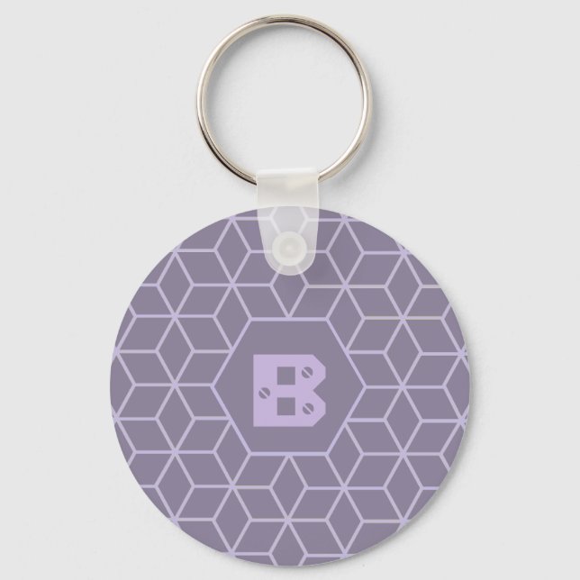 Porte-clés Modern Purple Geometric Cubes Pattern Monogram (Recto)