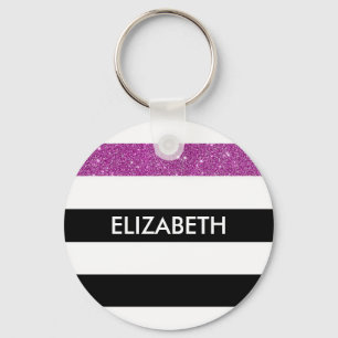 Porte-clés Moderne Black Stripes FAUX Purple Glitz et nom