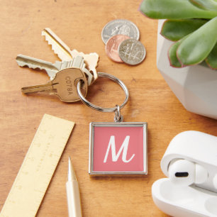 Porte-clés Moderne Élégant Rose Corail et Monogramme Blanc