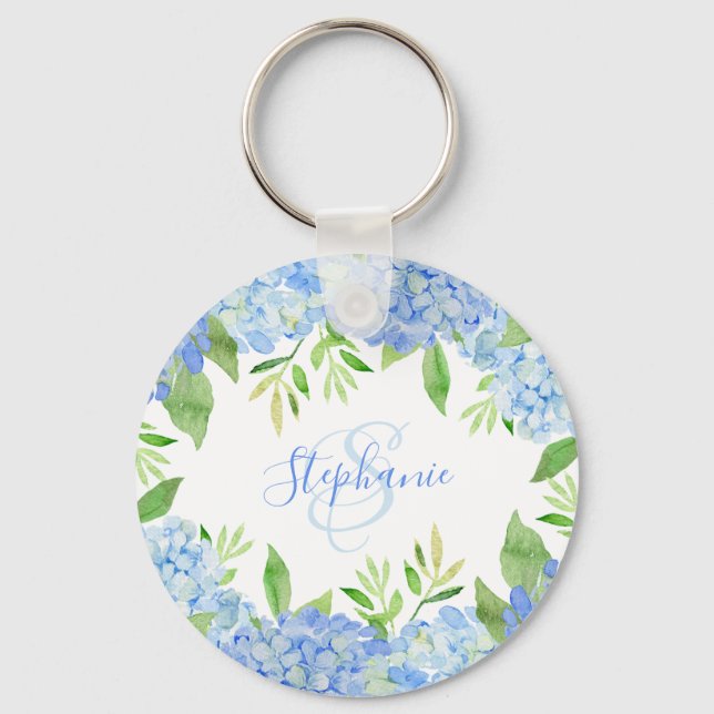 Porte-clés Moderne Floral bleu Hydrangée Aquarelle Monogramme (Recto)
