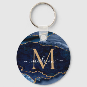 Porte-clés Moderne Marine Blue Gold Agate Géode Girly Monogra