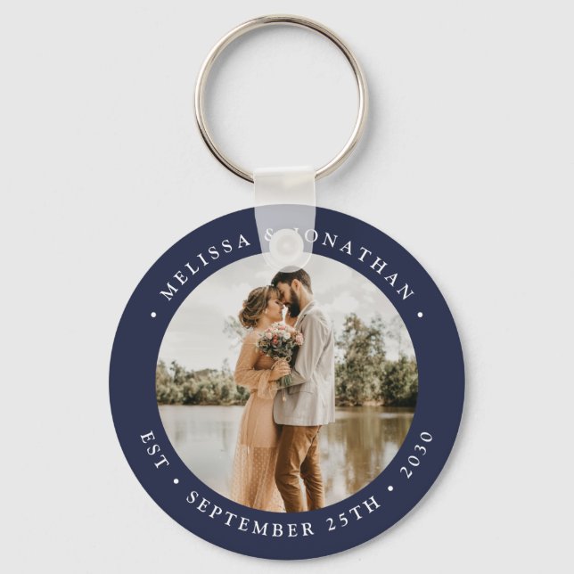 Porte-clés Moderne Simple Marine Bleu Photo Mariage Faveur (Recto)