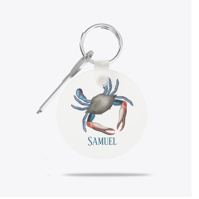 Porte-clés Moderne Simple Océan Bleu Crabe Côtier Nautique (Personalized watercolor ocean blue crab keychain with coastal style.)