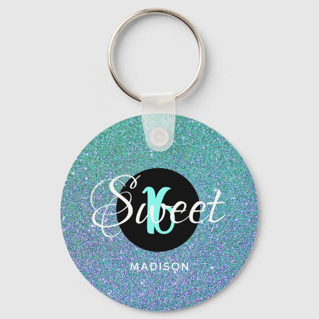Porte-clés Moderne Sweet 16 Parties scintillant Aqua Turquois (Recto)
