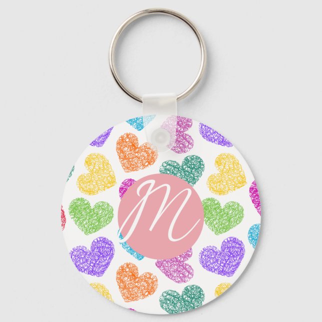 Porte-clés Moderne Vibrant Rainbow Doodle Hearts Monogramme (Recto)