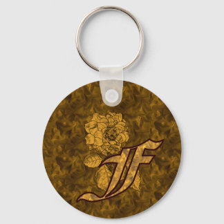 Porte-clés Monogram Initial F Gold Peony Flower 