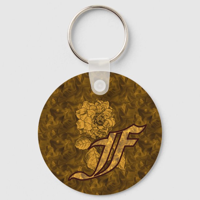 Porte-clés Monogram Initial F Gold Peony Flower  (Recto)