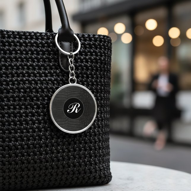 Porte-clés Monogram Printed Faux Black Crocodile Texture (Black Crocodile Leather Print Monogram Keychain
)