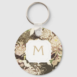 Porte-clés Monogram Vintage brown beige flowers and birds